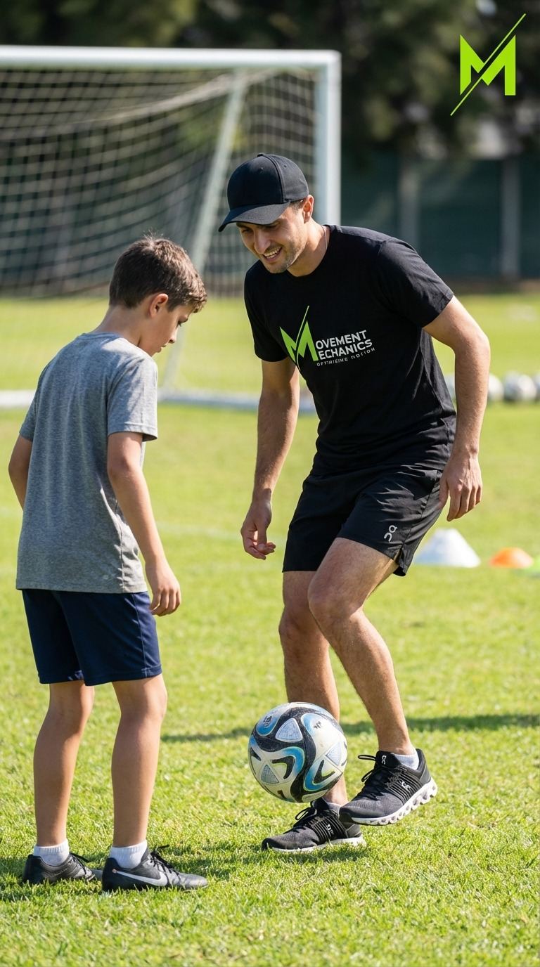 Movement Mechanics coach working with a young athlete on field-based agility drills